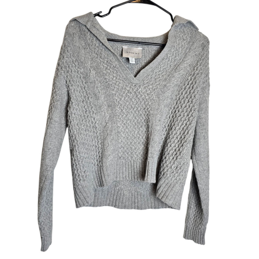 Jason Wu Wool Blend Collared V Neck Crop Sweater Gray Medium Chunky Cable Knit